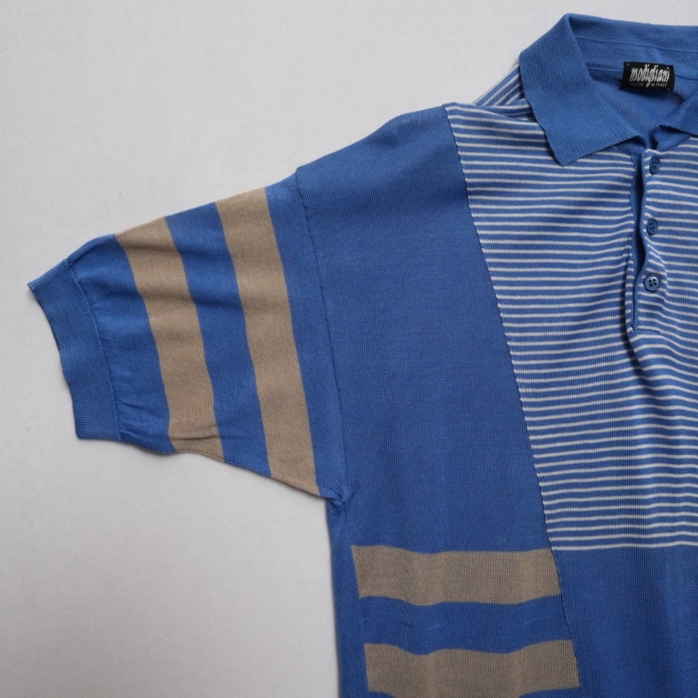 Vintage Modigliani Knit Polo Shirt Mens 48 Blue Striped Made in Italy 90s Retro - Picture 3 of 16